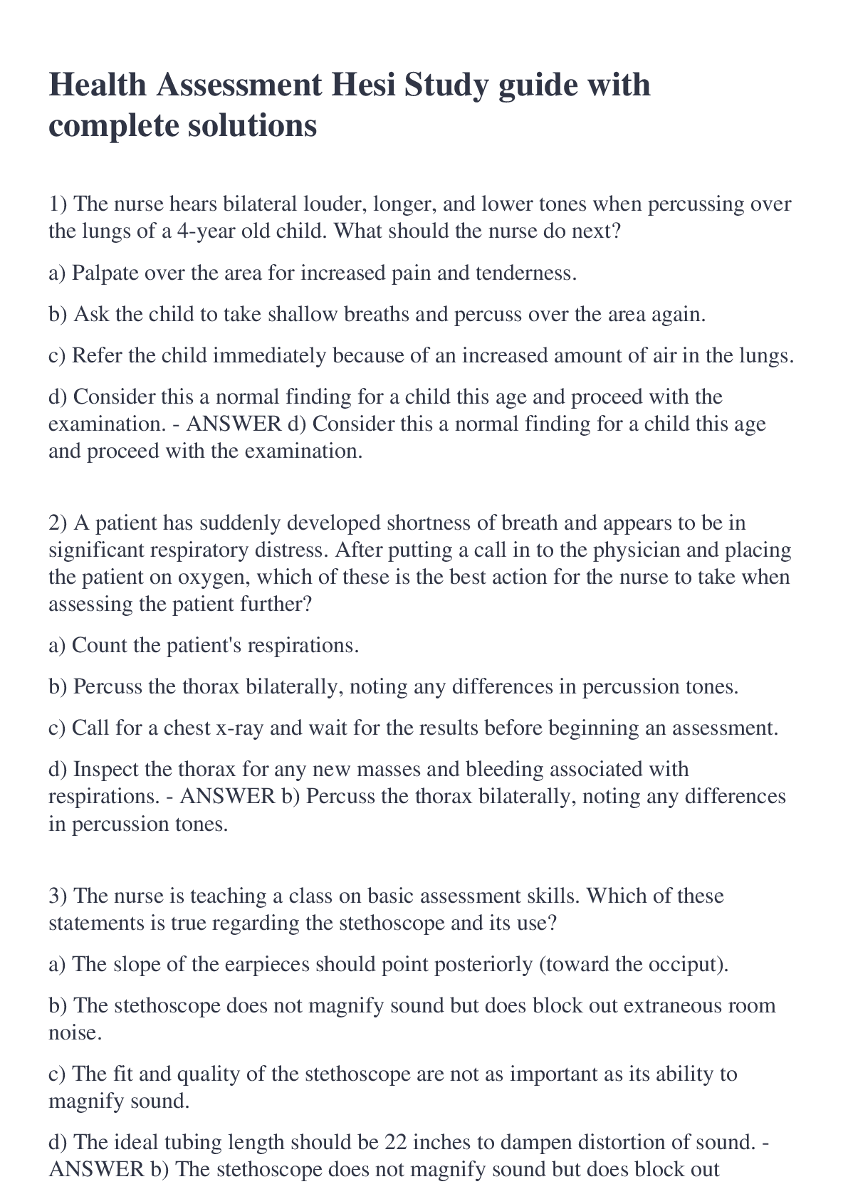 Preview image of Health Assessment Hesi Study guide with complete solutions document